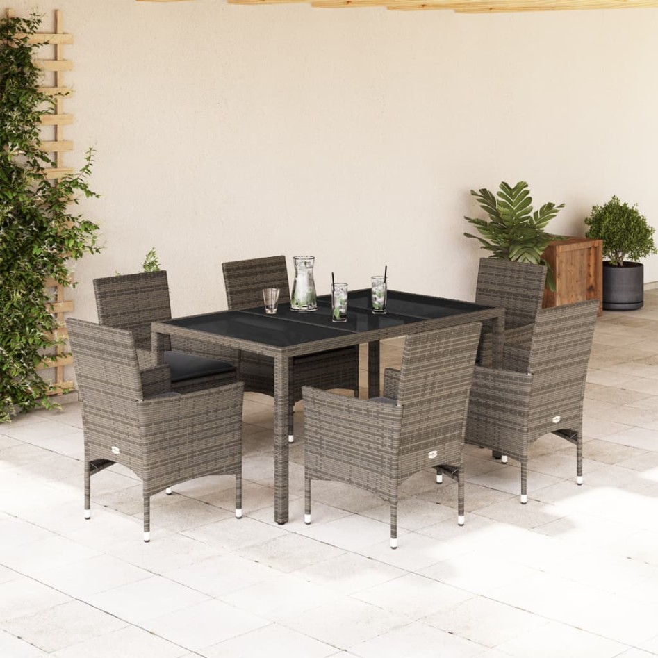 Set comedor jardín 7 pzas y cojines ratán sintético vidrio