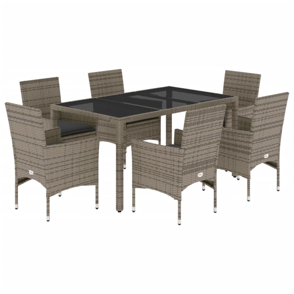 Set comedor jardín 7 pzas y cojines ratán sintético vidrio