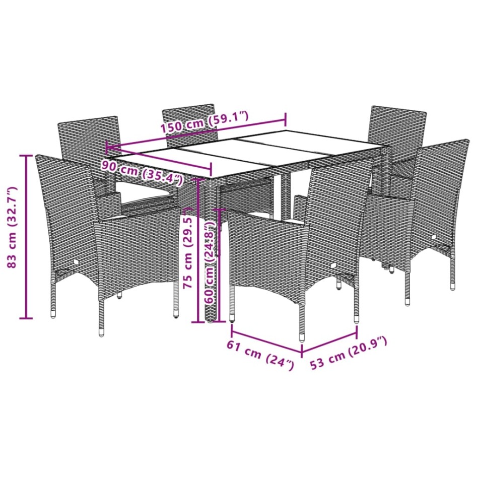 Set comedor jardín 7 pzas y cojines ratán sintético vidrio