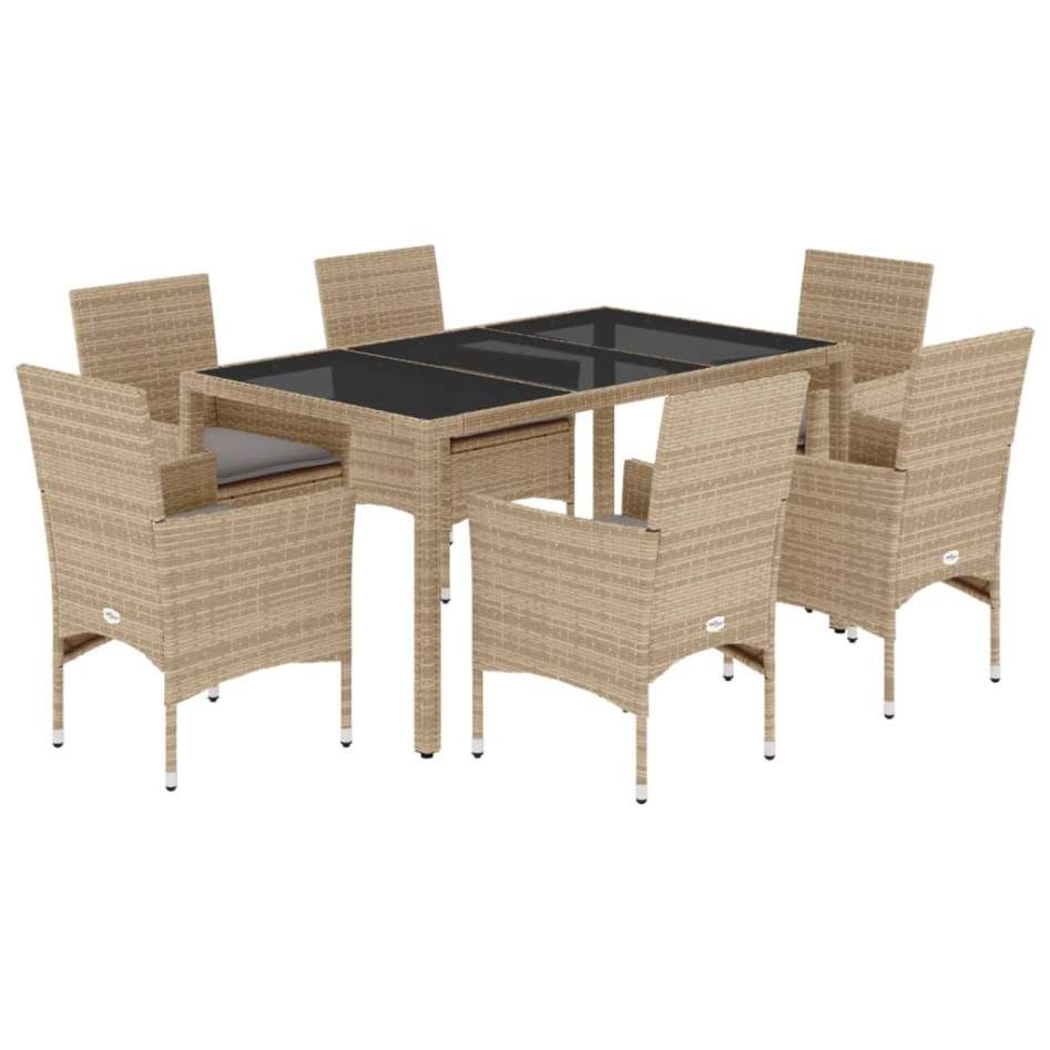 Set comedor jardín 7 pzas cojines ratán sintético vidrio