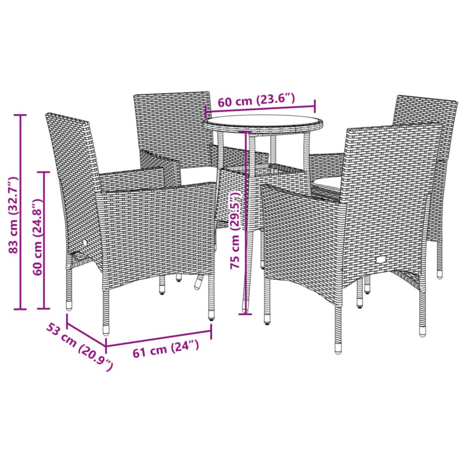 Set comedor jardín 5 pzas y cojines ratán sintético vidrio