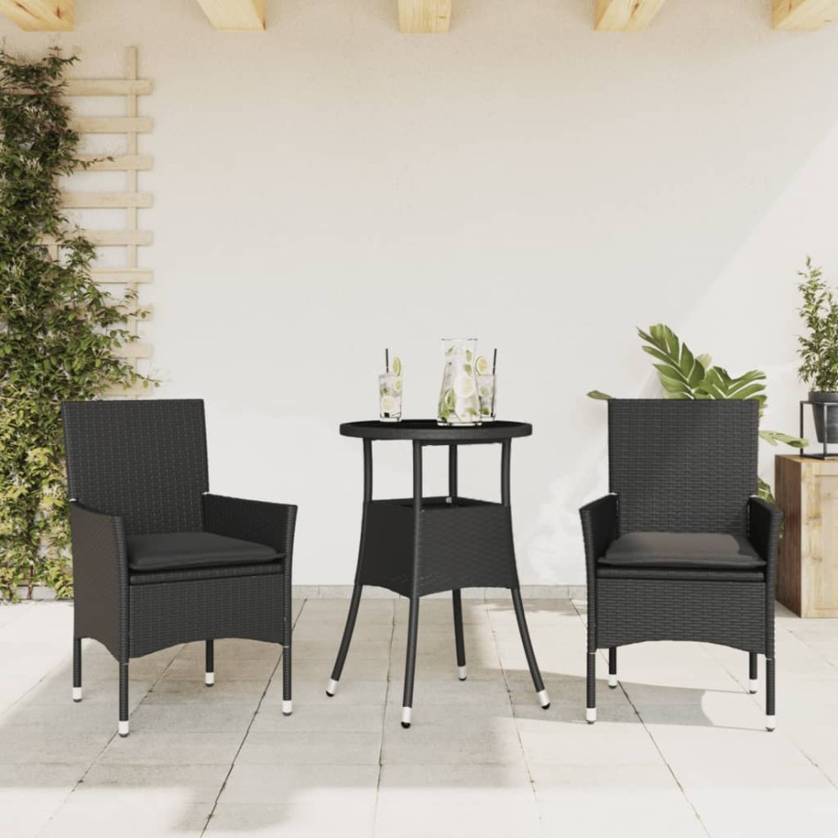 Set comedor jardín 3 pzas cojines ratán sintético vidrio