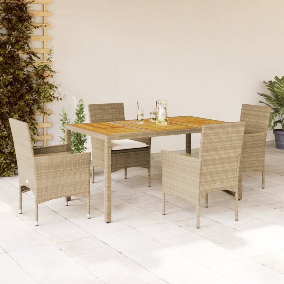 Set de comedor jardín 5 pzas con cojines ratán PE acacia