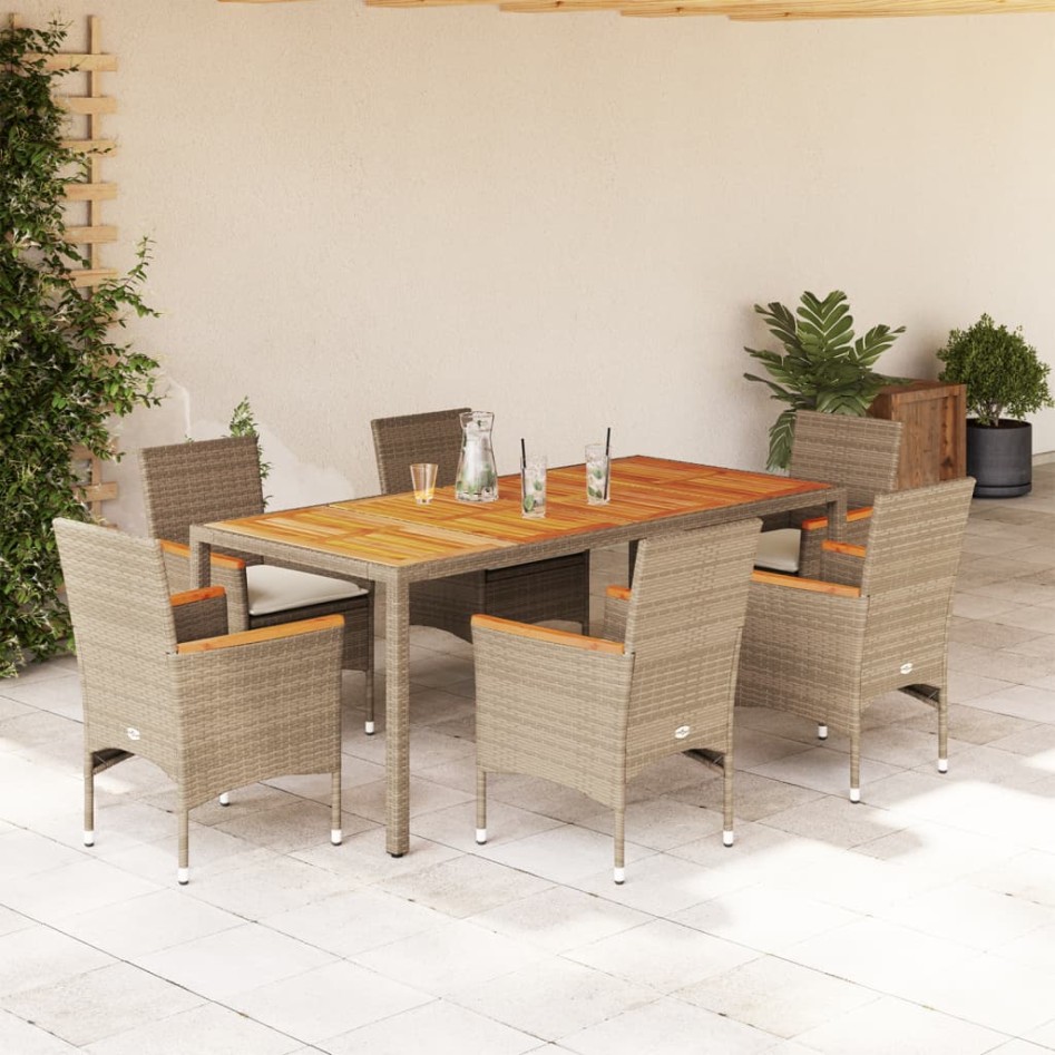 Set de comedor jardín 7 pzas con cojines ratán PE acacia