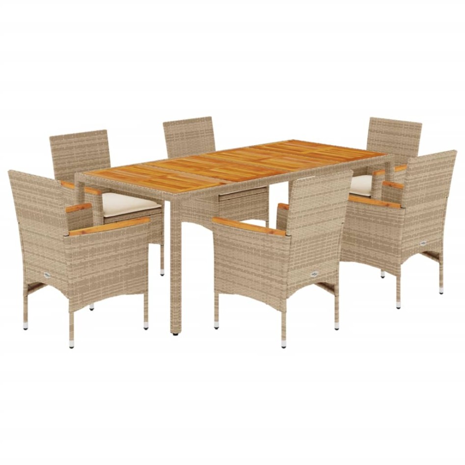 Set de comedor jardín 7 pzas con cojines ratán PE acacia