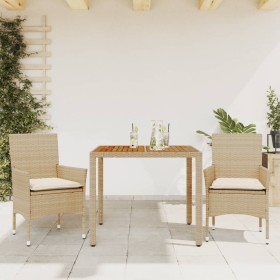 Set de comedor jardín 3 pzas con cojines ratán PE acacia