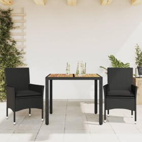 Set de comedor jardín 3 pzas con cojines ratán PE acacia