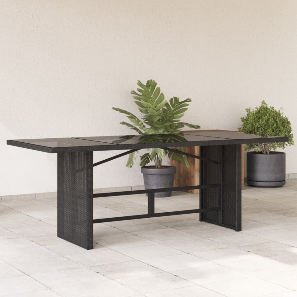 Mesa de jardín superficie de vidrio ratán PE negro 190x80x75