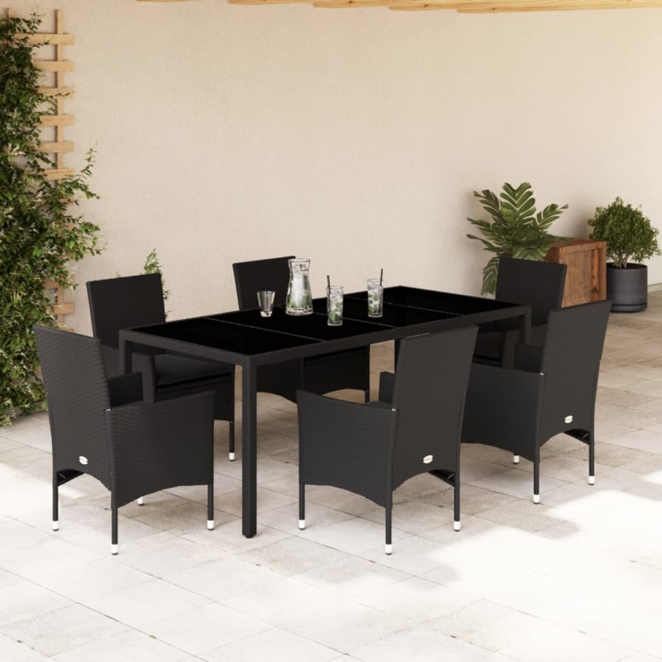 Set comedor jardín 7 pzas cojines ratán sintético vidrio