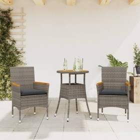 Set de comedor jardín 3 pzas con cojines ratán PE acacia