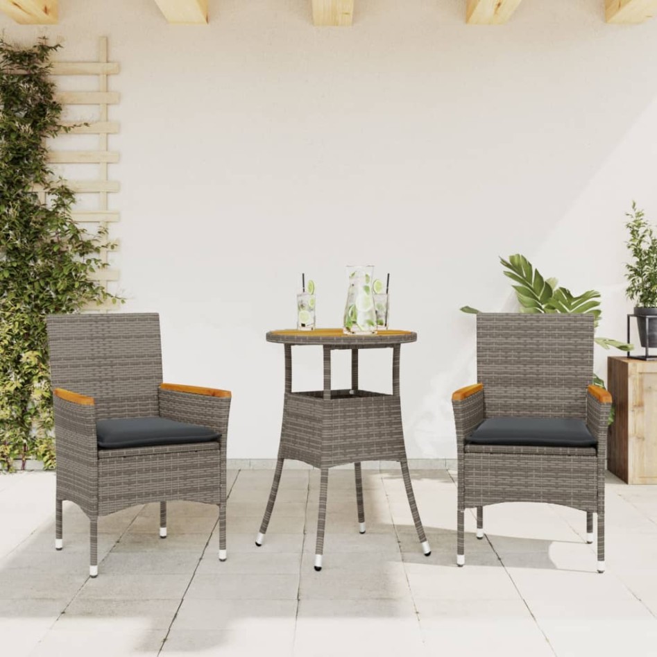 Set de comedor jardín 3 pzas con cojines ratán PE acacia