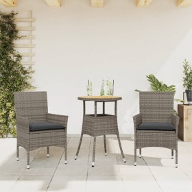 Set de comedor jardín 3 pzas con cojines ratán PE acacia