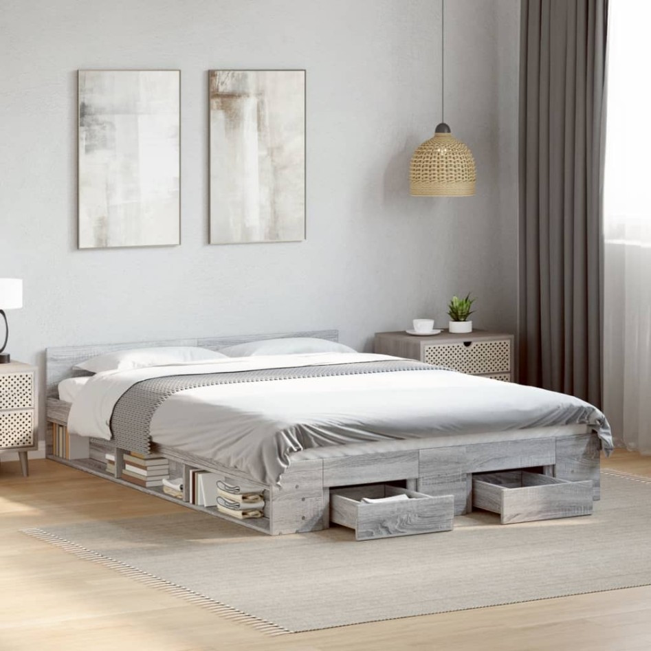 Cama con cajones madera ingeniería gris Sonoma 160x200