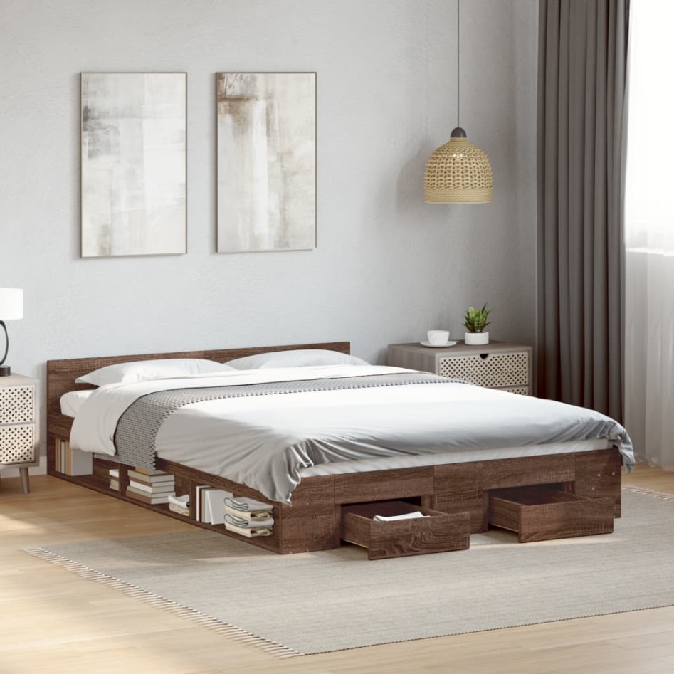 Cama con cajones madera de ingeniería marrón roble 150x200