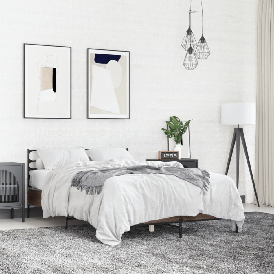 Estructura cama madera ingeniería metal marrón roble 120x200