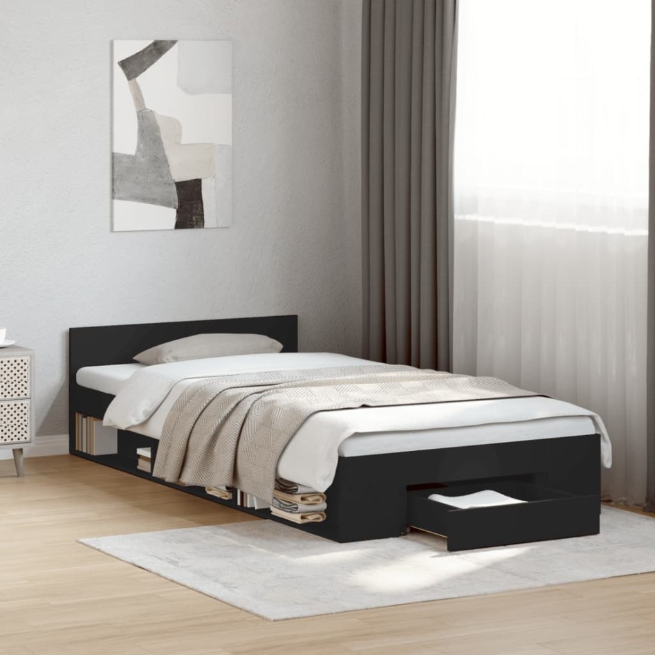 Cama con cajón madera de ingeniería negro 100x200