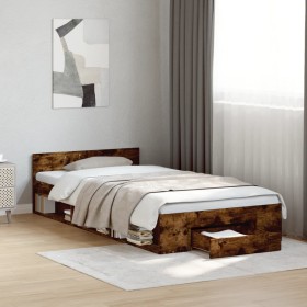 Cama con cajón madera de ingeniería roble ahumado 90x200