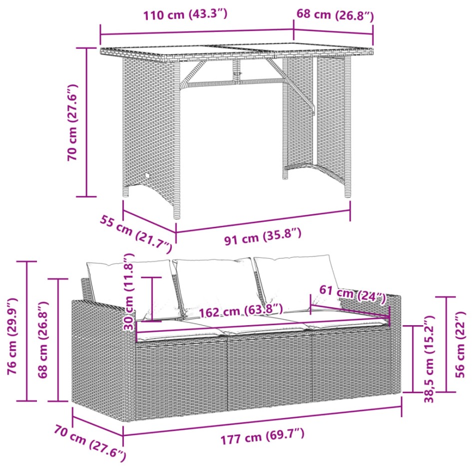 Set comedor de jardín 2 pzas con cojines ratán sintético