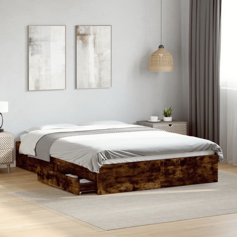 Cama con cajones madera de ingeniería roble ahumado 140x190
