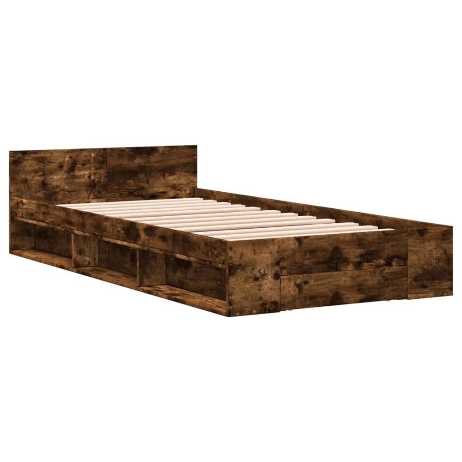 Cama con cajón madera de ingeniería roble ahumado 90x190
