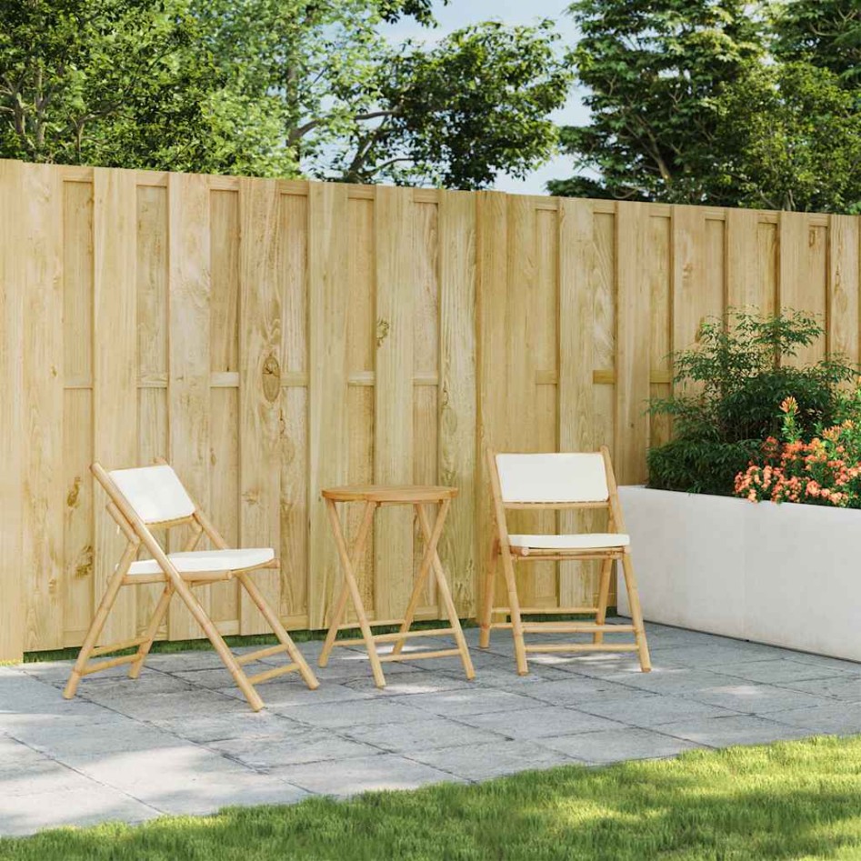 Juego bistró plegable de bambú 3 pzas con cojines blanco