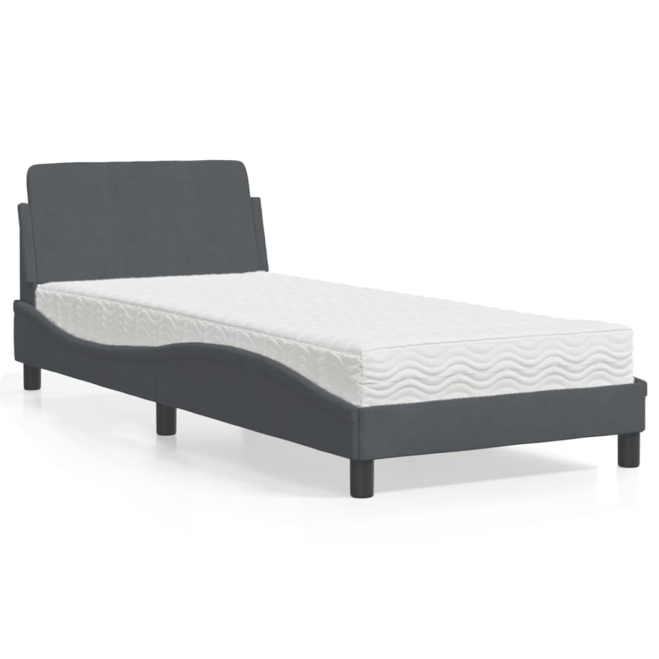 Cama con colchón terciopelo gris oscuro 90x190
