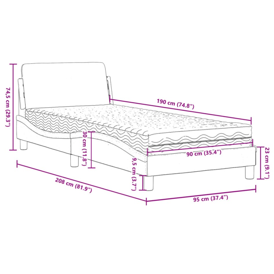 Cama con colchón terciopelo gris oscuro 90x190