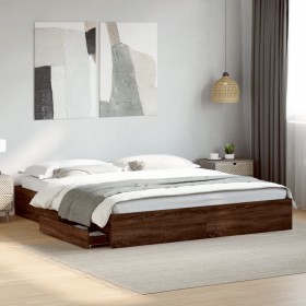 Cama con cajones madera ingeniería marrón roble 200x200