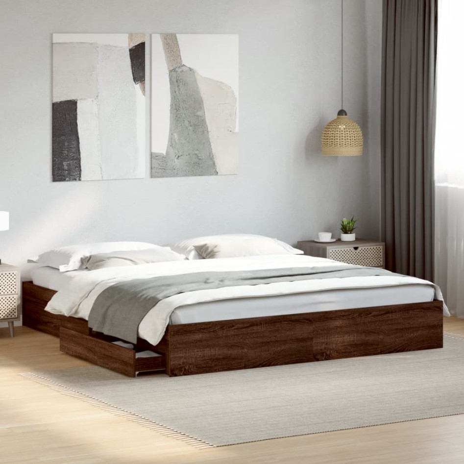 Cama con cajones madera ingeniería marrón roble 200x200