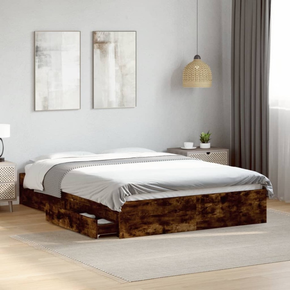 Cama con cajones madera de ingeniería roble ahumado 135x190