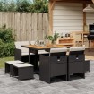 Set de comedor de jardín 9 pzas y cojines ratán sintético negro