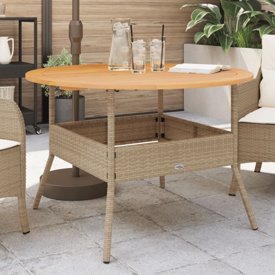 Mesa de jardín superficie de madera ratán PE beige Ø110x71