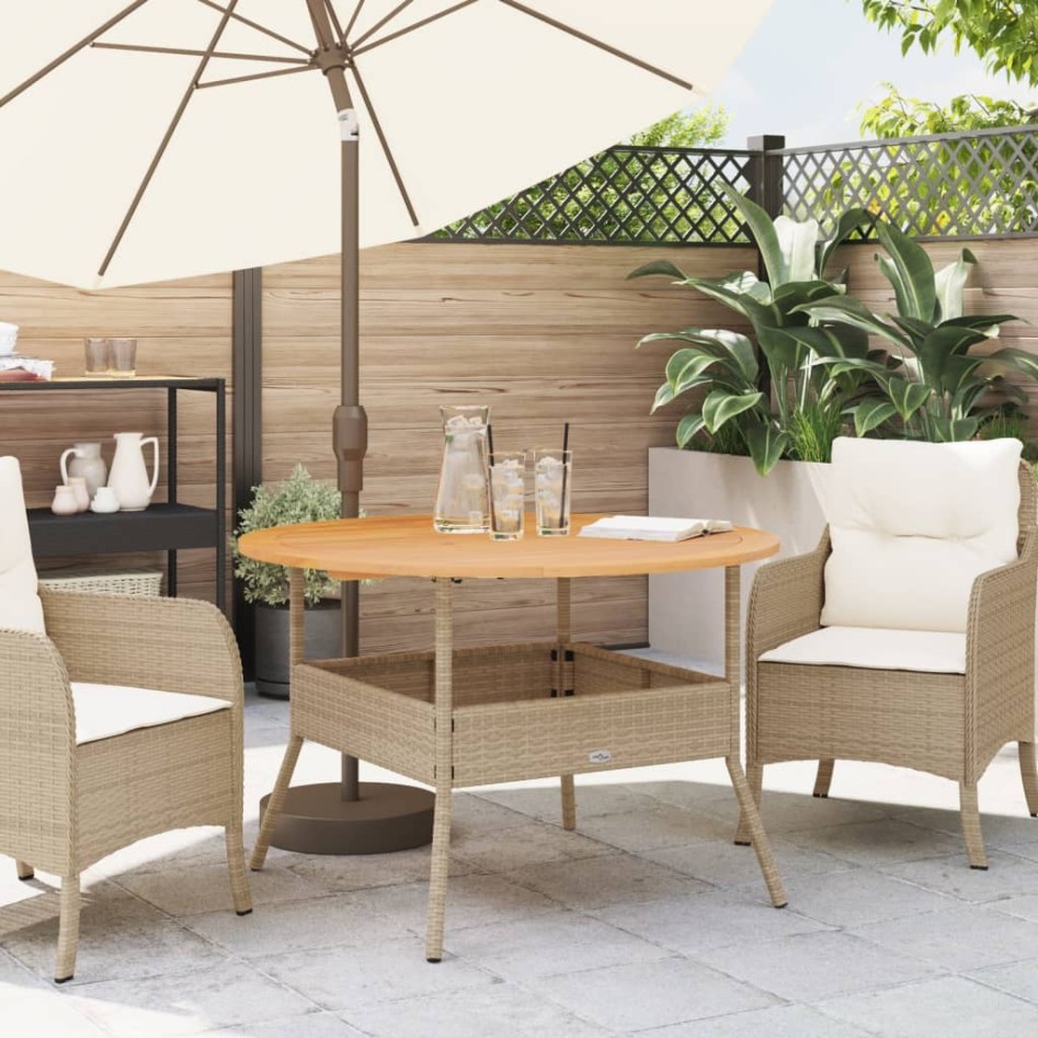 Mesa de jardín superficie de madera ratán PE beige Ø110x71