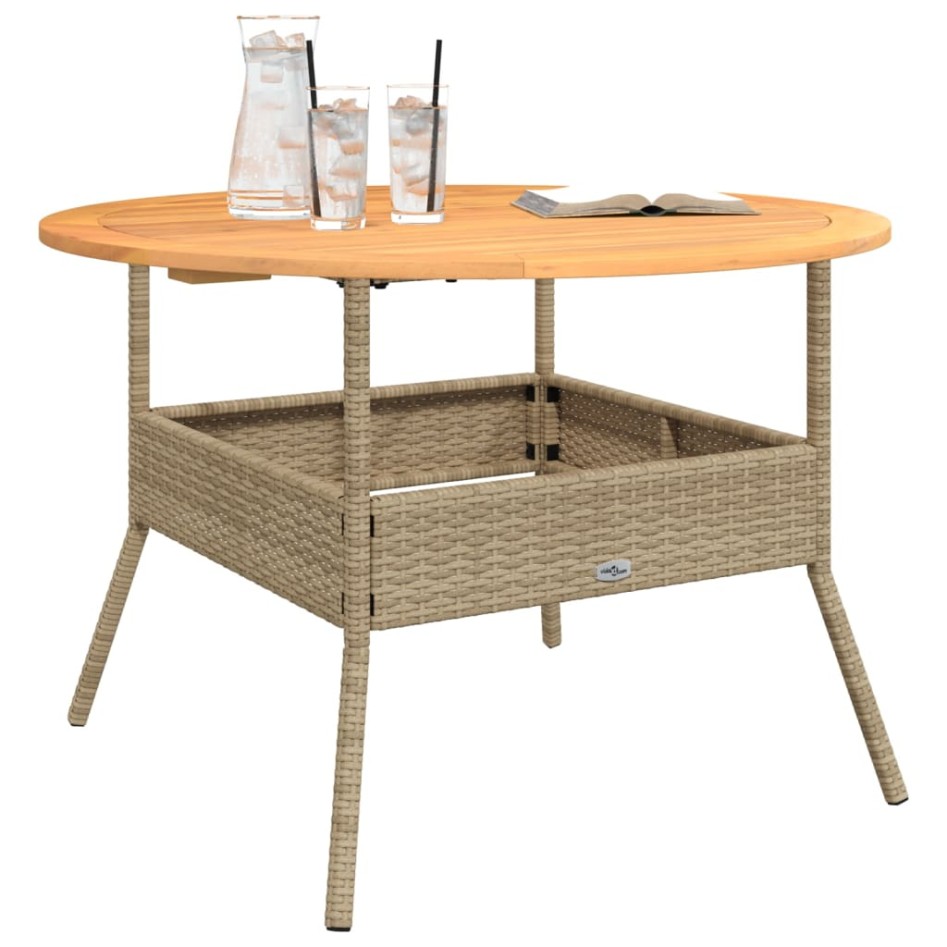 Mesa de jardín superficie de madera ratán PE beige Ø110x71