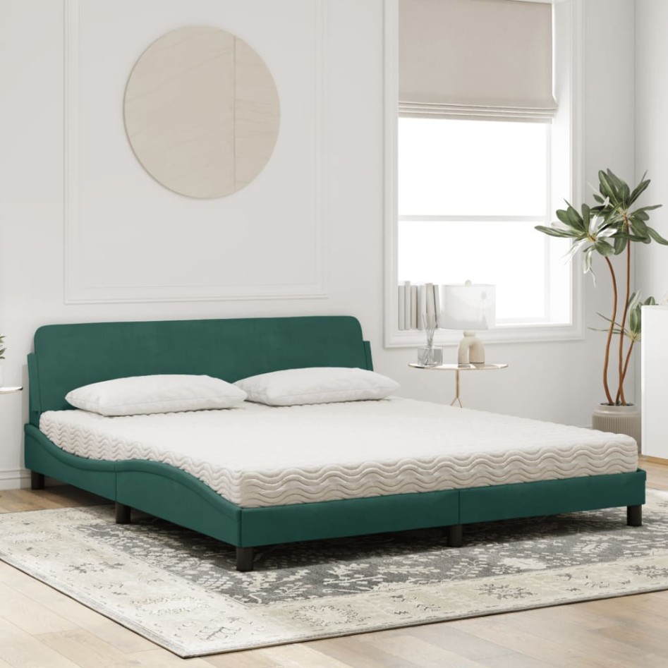 Cama con colchón terciopelo verde oscuro 180x200