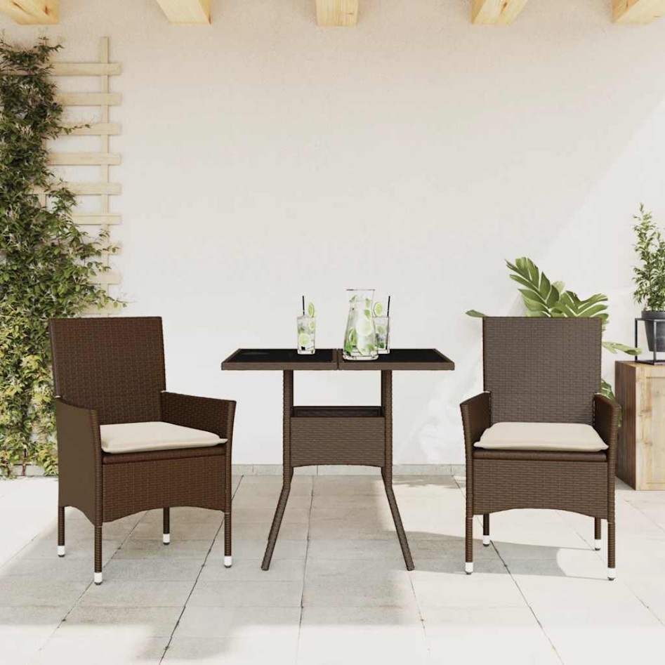 Set comedor jardín 3 pzas cojines ratán sintético vidrio