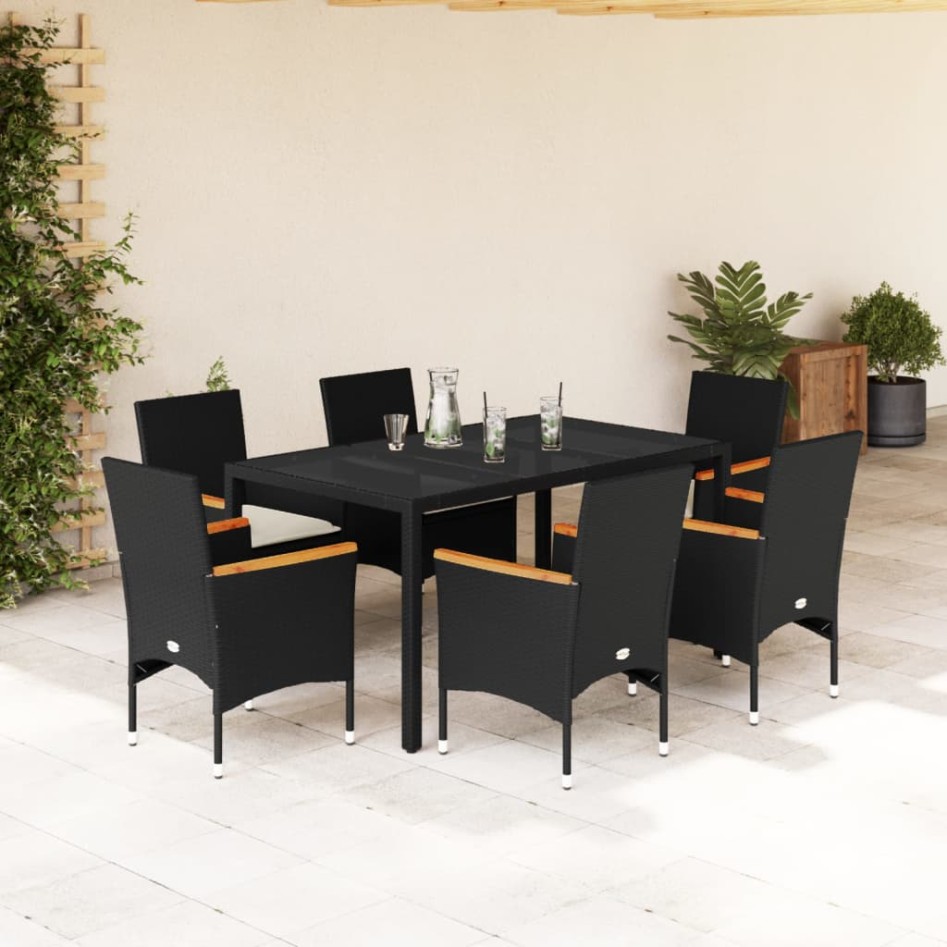 Set comedor jardín 7 pzas cojines ratán sintético vidrio