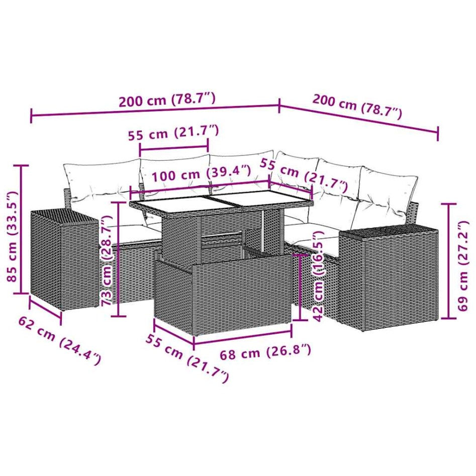 Set de sofás de jardín 6 piezas y cojines ratán sintético