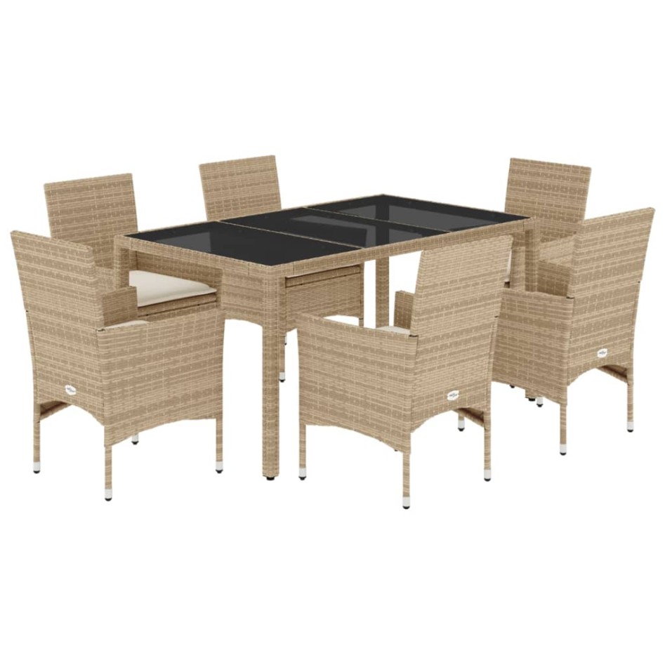 Set comedor jardín 7 pzas cojines ratán sintético vidrio