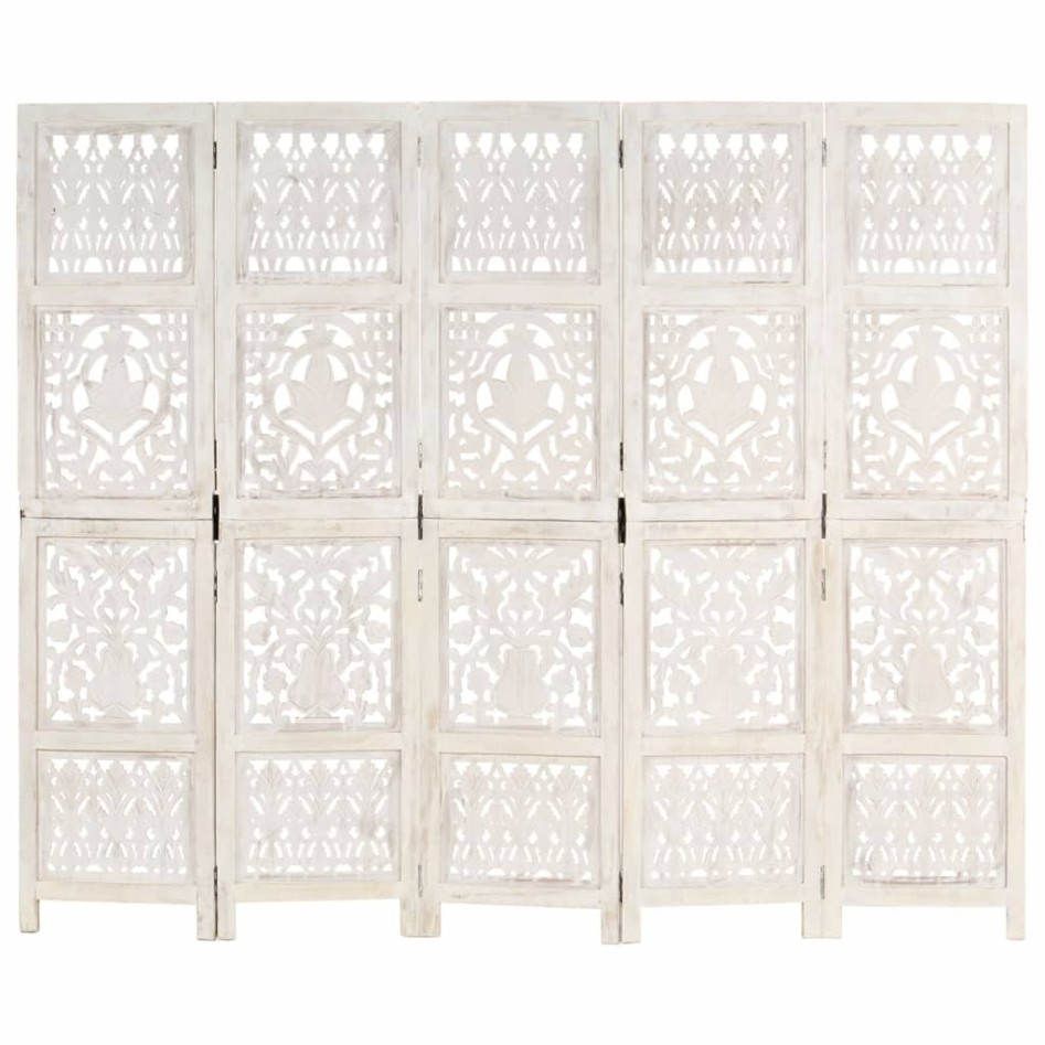 Biombo 5 paneles tallado a mano madera mango blanco 200x165
