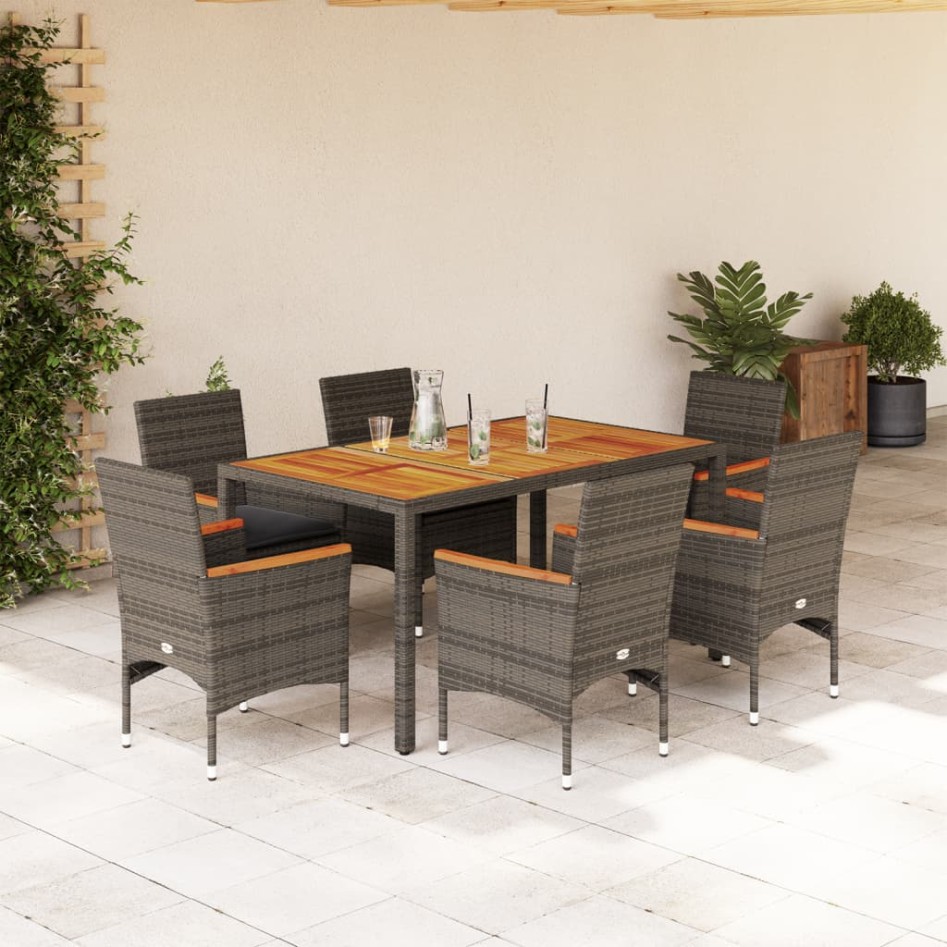 Set de comedor jardín 7 pzas con cojines ratán PE acacia