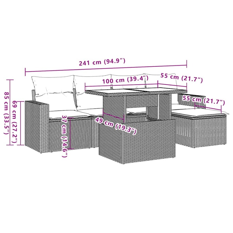 Set de sofás de jardín 6 piezas y cojines ratán sintético