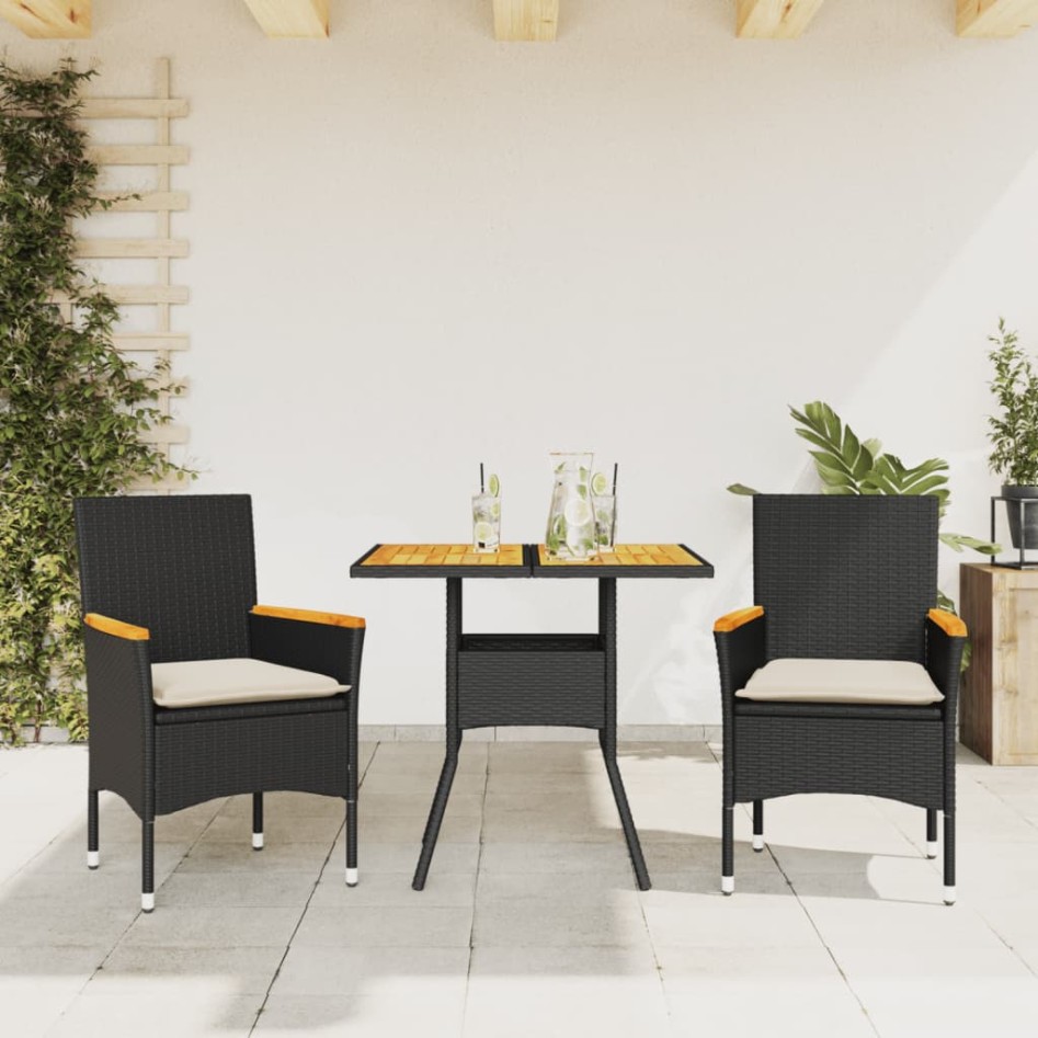 Set de comedor jardín 3 pzas con cojines ratán PE acacia