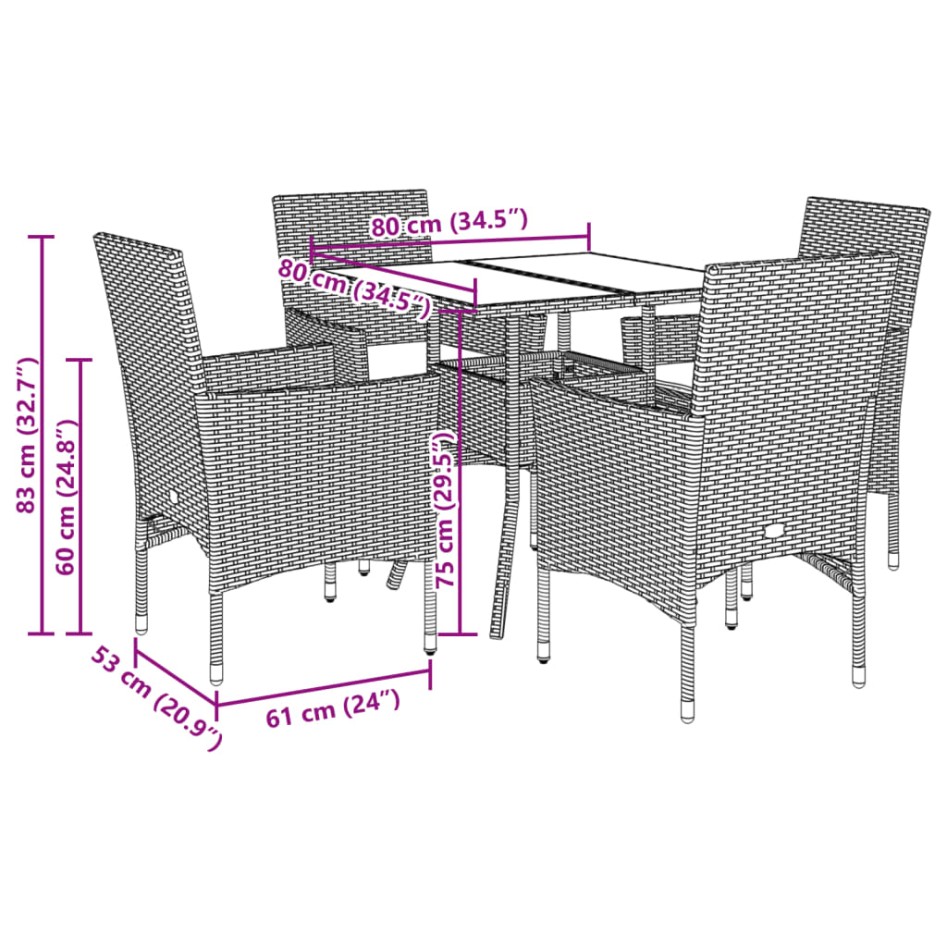 Set comedor jardín 5 pzas cojines ratán sintético vidrio