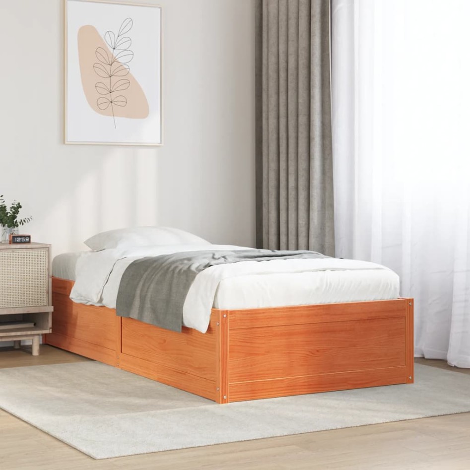Cama sin colchón madera maciza de pino marrón cera 100x200