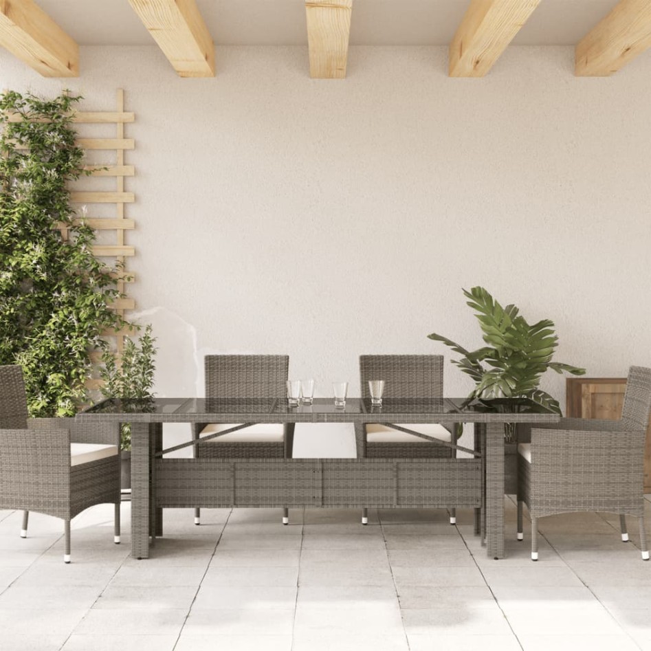 Mesa de jardín superficie de vidrio ratán PE gris 240x90x75