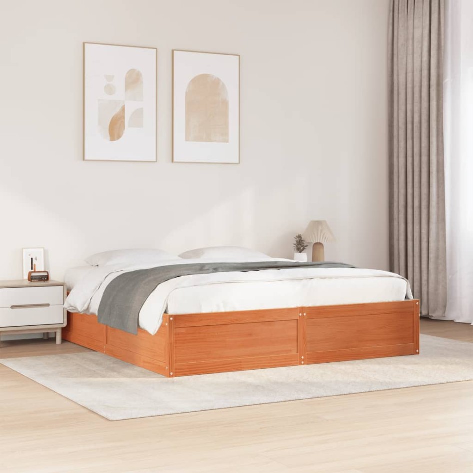 Cama sin colchón madera maciza de pino marrón cera 180x200