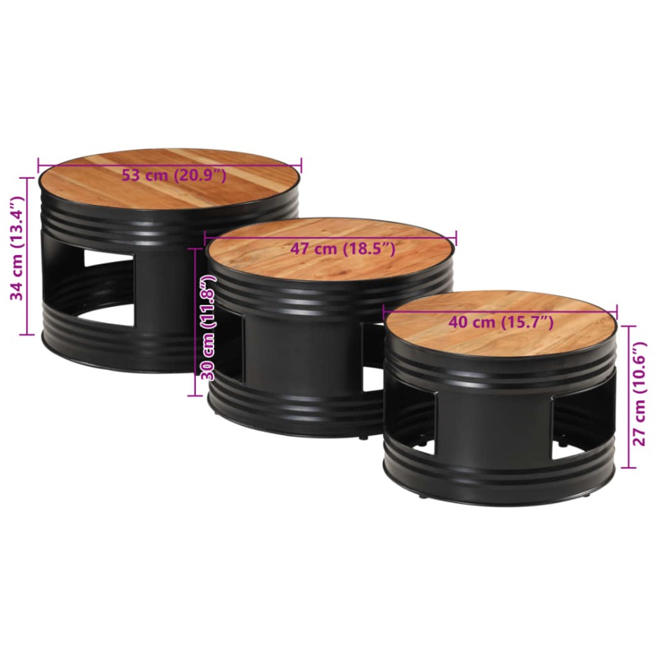 Mesas altas de bar forma tambor 3 uds madera maciza de