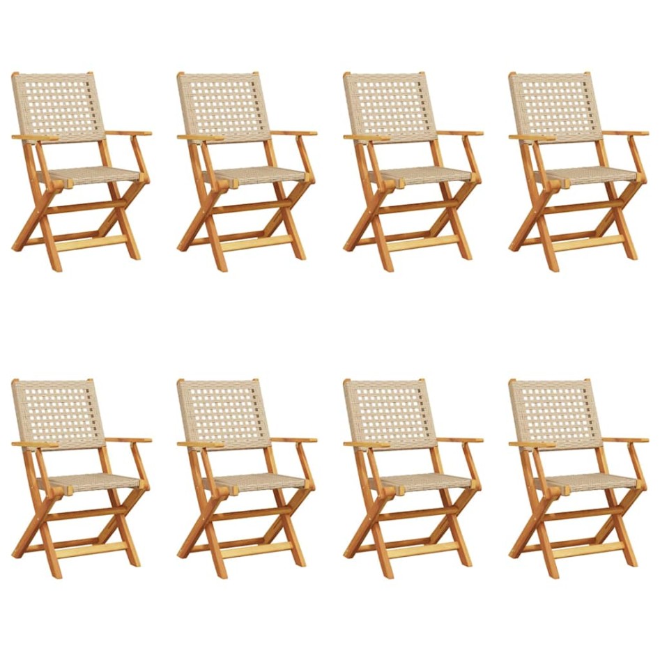 Sillas de jardín plegables 8 uds madera maciza y ratán PE