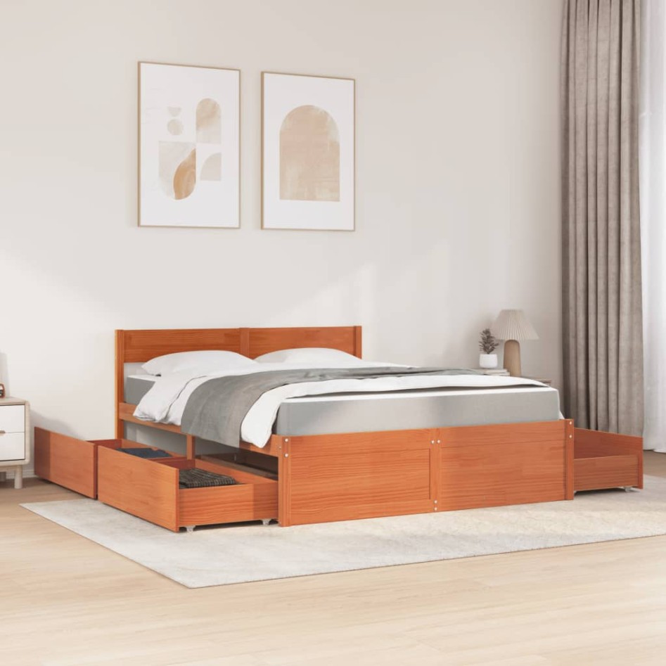 Cama con cajones y colchón madera maciza pino marrón 140x200